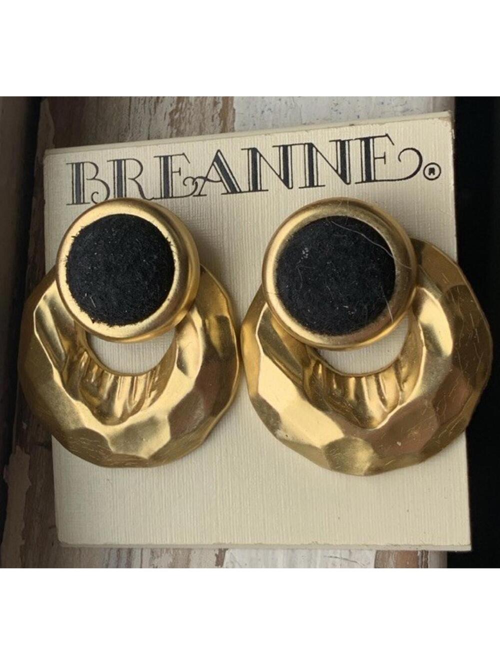 Vtg Brushed Gold Tone Black Velvet Resin Statement Earrings Byzantine Style Matt